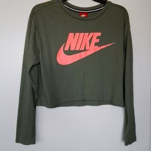 Nike long sleeve cropped t shirt, army green with pink logo, size L